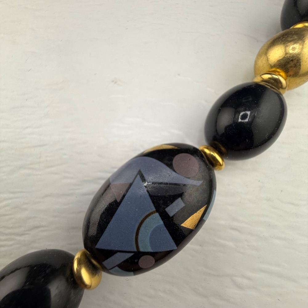 Vintage Estate Necklace Black Gold Geometric Beaded Acrylic Retro 32in